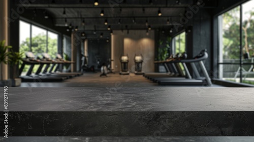 Tabletop in the gym for product presentation. Black empty concrete countertop mockup for sports nutrition.