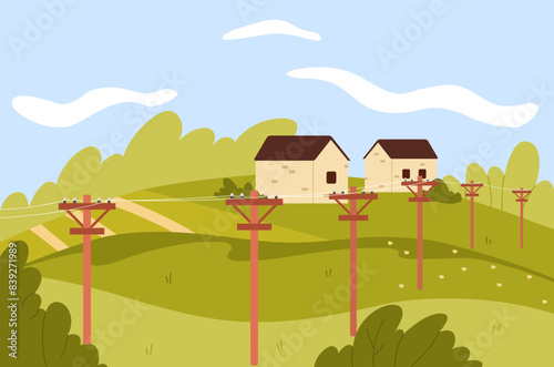Village landscape with houses on green fields, high voltage electric power towers vector illustration