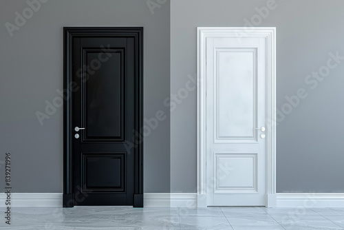 Two doors side by side, one painted black and the other white, against a neutral gray background. The stark contrast between the doors creates a striking visual effect. 
