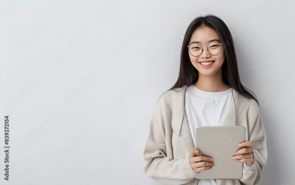 Image of young Asian woman, company worker wearing glasses, smiling and holding digital tablet, very charming woman
Image of young Asian woman, company worker wearing glasses, smiling and holding digital tablet, very charming woman