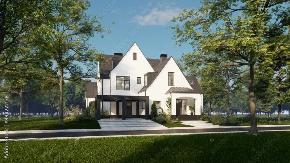 4K video rendering of cute cozy white and black modern Tudor style house with parking and pool for sale or rent with beautiful landscaping. Fairy roofs. Clear sunny summer day with blue sky 4K video rendering of cute cozy white and black modern Tudor style house with parking and pool for sale or rent with beautiful landscaping. Fairy roofs. Clear sunny summer day with blue sky