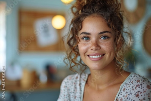 A radiant young woman with curly hair and a bright smile, sitting comfortably in a cheerful café