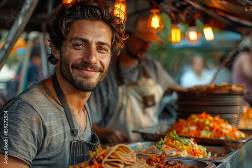 A charming chef with a welcoming smile serving pasta dishes at a food stand