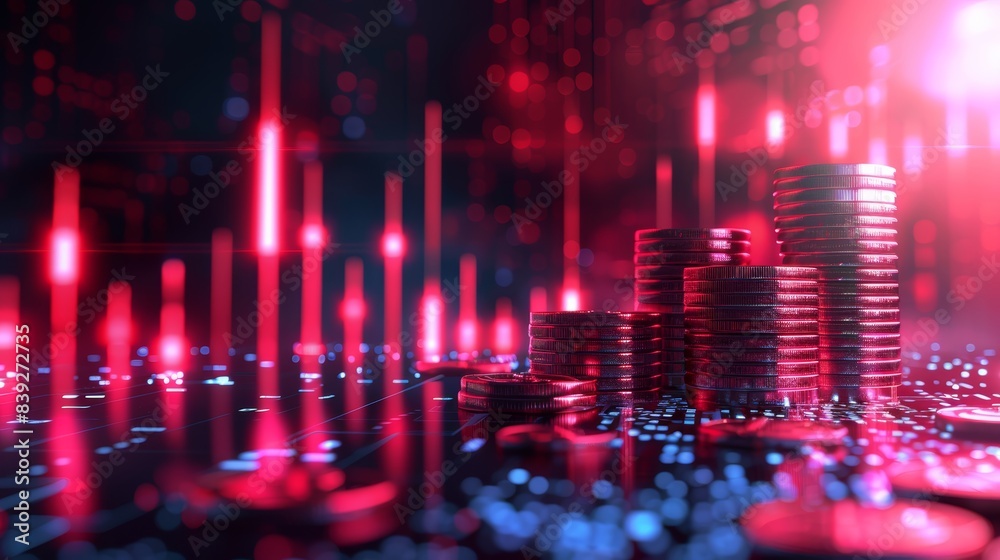 Stacked coins with an upward trending graph, financial growth concept, futuristic design