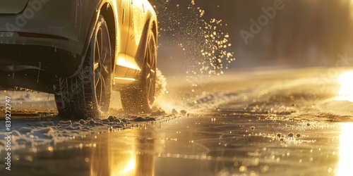 Tires of a car splashing slush on the road. Concept Car Photography, Weather Conditions, Road Safety, Vehicle Maintenance, Winter Driving