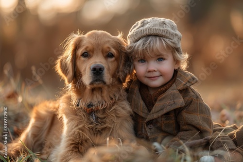 Warm autumn scene of a young child with a golden retriever surrounded by fallen leaves © familymedia