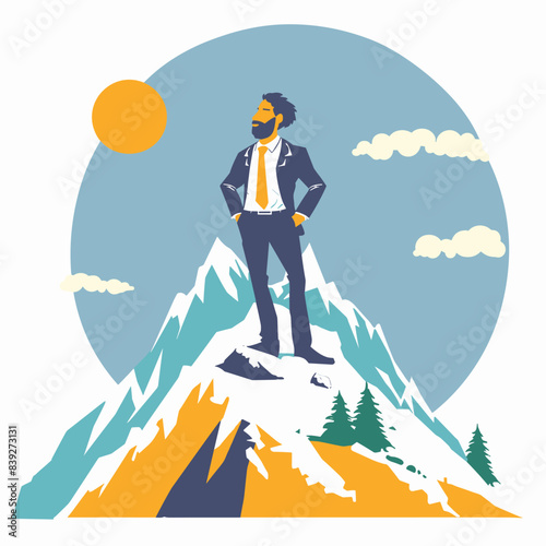 African descent businessman standing triumphantly atop snowy mountain peak. Sun clouds behind, illustrating success, goal achievement. Confident male executive suit achieves summit, symbolizing