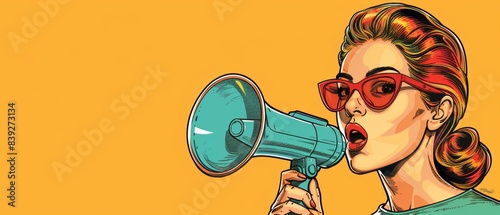 Pop art illustration of a woman with a loudspeaker, attention-grabbing, retro design photo