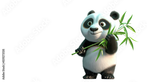 A cartoon panda holds a branch of bamboo against a white background photo