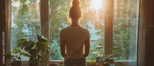 Person standing by a window, stretching to alleviate back pain, with a serene outdoor view Natural pain relief techniques