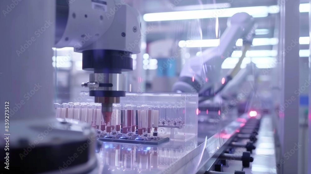 Robotic automation in a laboratory setting, handling test tubes and conducting precise experiments with advanced machinery and technology. Robotic automation in a laboratory setting, handling test tubes and conducting precise experiments with advanced machinery and technology.
