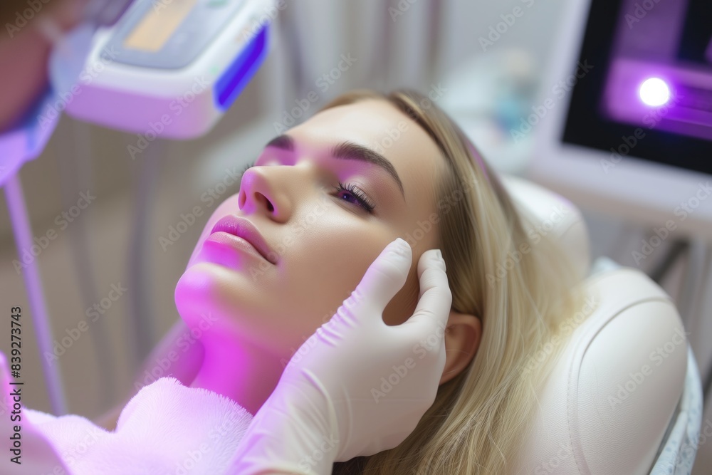 Fototapeta premium A young blonde woman undergoes a radiofrequency face lift procedure. A gloved technician uses a device that emits violet light, directing it onto the patient's skin. A woman lies with her eyes closed,
