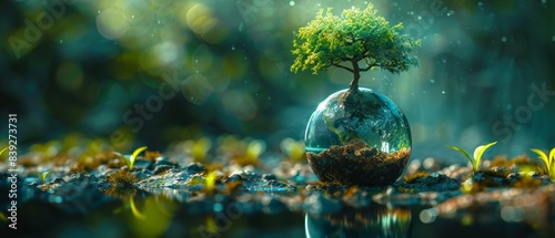Green nature and ecological balance depicted by a tree growing on a small globe, ESG concept © Seksan