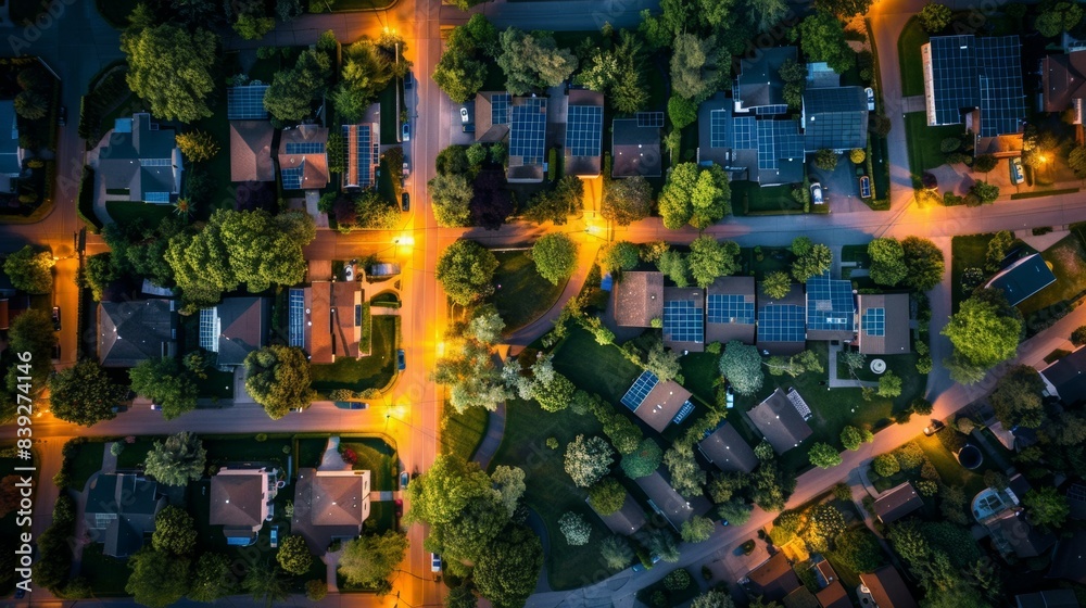 Aerial view of a suburban neighborhood at dusk, illuminated by streetlights, with homes and trees forming a vibrant grid. Aerial view of a suburban neighborhood at dusk, illuminated by streetlights, with homes and trees forming a vibrant grid.