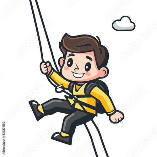 Boy enjoying rock climbing adventure, smiling child equipped harness helmet, cartoon style. Young climber practicing rappelling, lively kid engaging outdoor sports activity, cheerful expression