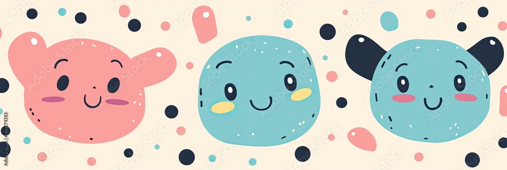 Minimalist cartoon faces with simple features like eyes and smiles, on a soft pastel background Minimalist cartoon faces with simple features like eyes and smiles, on a soft pastel background