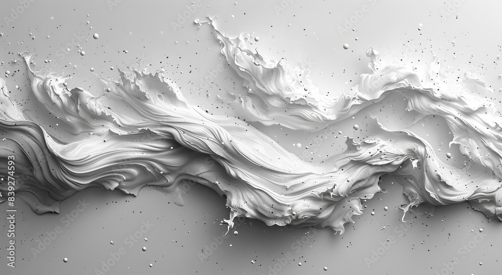 Dynamic 3D render: Abstract brush strokes, white paint texture, splashes, splatters, wavy lines, and calligraphic