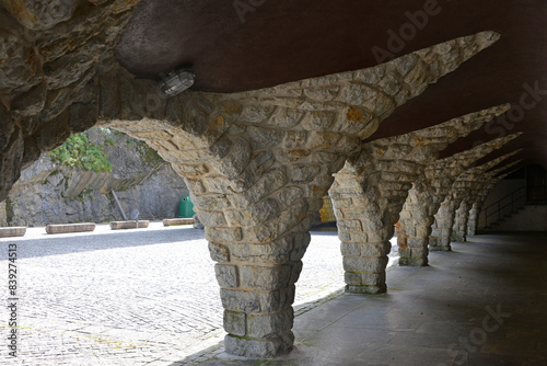 colonnade in the Sanctuary of of our Lady of Arantzazu in the basque mountains photo