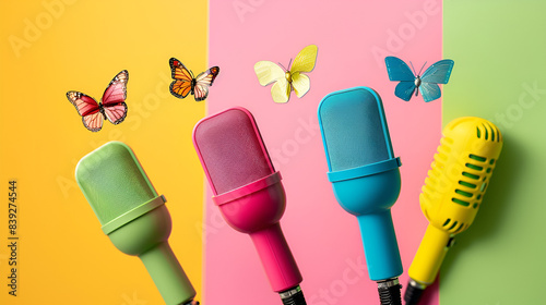 Colorful microphones with butterflies