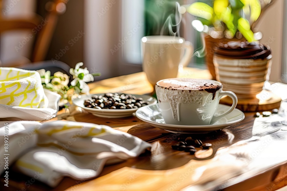 Cozy coffee setup with a freshly brewed cup, coffee beans, and a plant on a wooden table in a sunlit room. Perfect for a relaxed morning. Cozy coffee setup with a freshly brewed cup, coffee beans, and a plant on a wooden table in a sunlit room. Perfect for a relaxed morning.