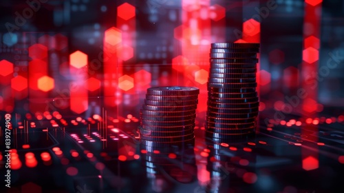 Coins with a digital chart showing growth, business analytics, futuristic design