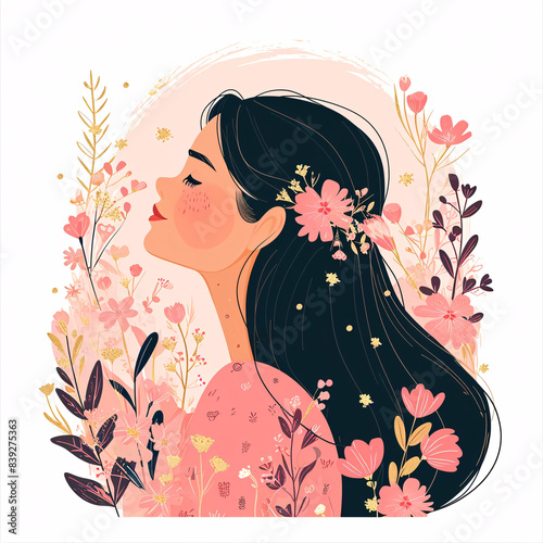 spring and summer illustrations of a beautiful girl, happy woman's day, in the style of pink and gold,  flat, whimsical scenes, white background