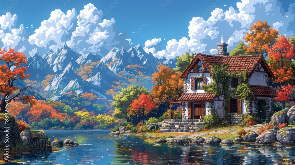 Fototapeta premium Pixel art representing 4 seasons in a 1990s point--click 16-bit adventure game.