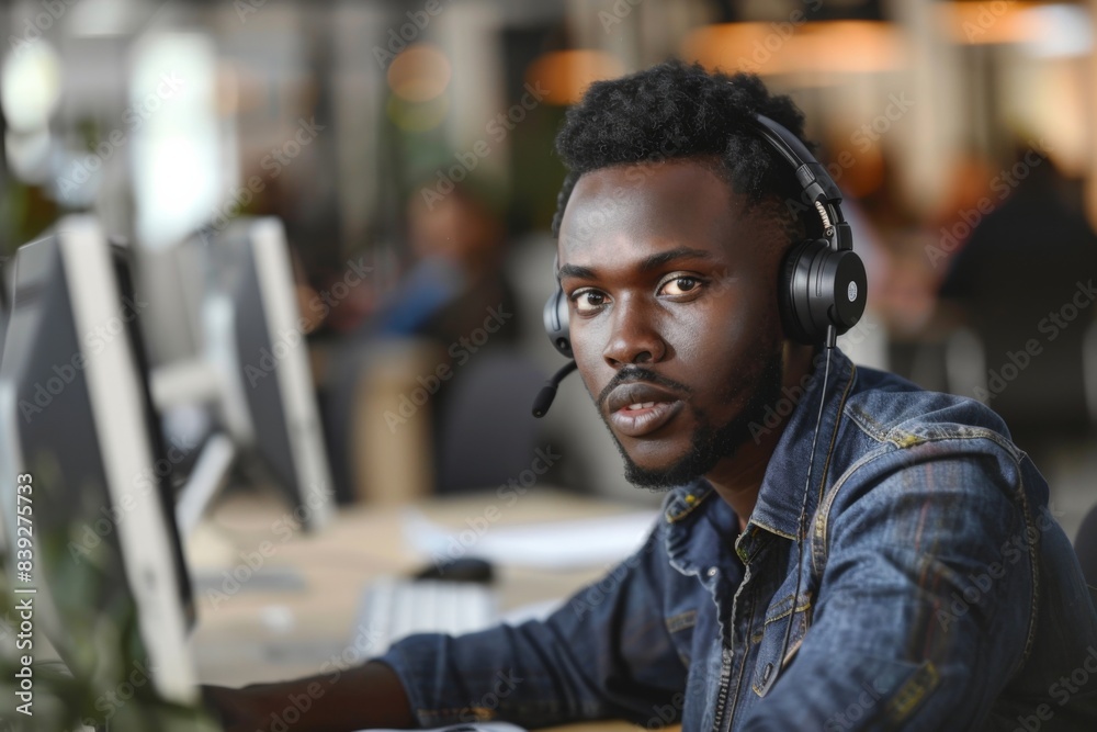 Man in headphones at computer Man in headphones at computer