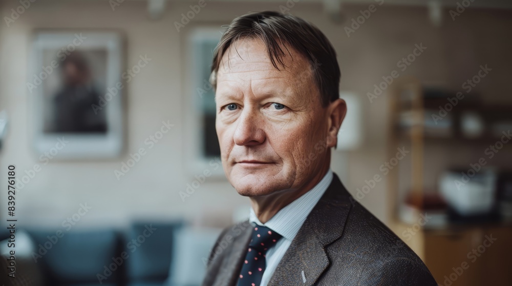 Fototapeta premium Portrait of a senior businessman in a suit looking serious in a modern office. Leadership and experience concept.