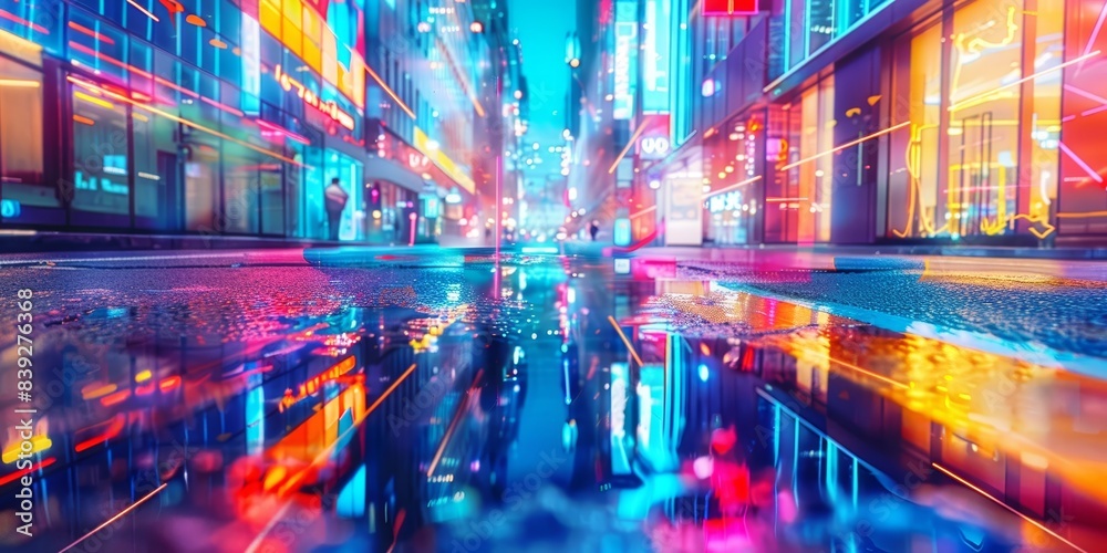 Vibrant cityscape at night with neon lights reflecting on wet streets. Urban nightlife and energy concept.