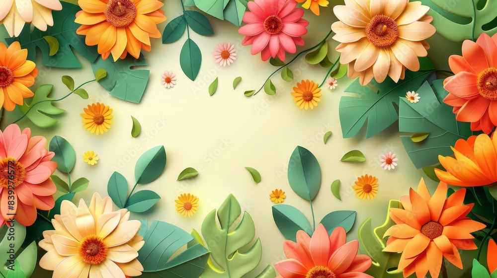 Whimsical floral scene with various flowers and leaves on a light background. Ideal for spring and summer designs or children's illustrations. Whimsical floral scene with various flowers and leaves on a light background. Ideal for spring and summer designs or children's illustrations.