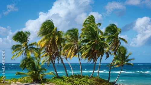 A cluster of palm trees swaying gently in the breeze on a remote tropical island. The vibrant green fronds contrast beautifully against the deep blue of the ocean and the azure sky above.