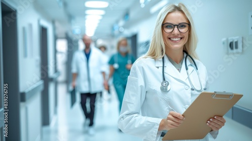 Smiling female doctor with glasses holding clipboard in hospital hallway. Bright and professional healthcare setting, showcasing medical expertise.