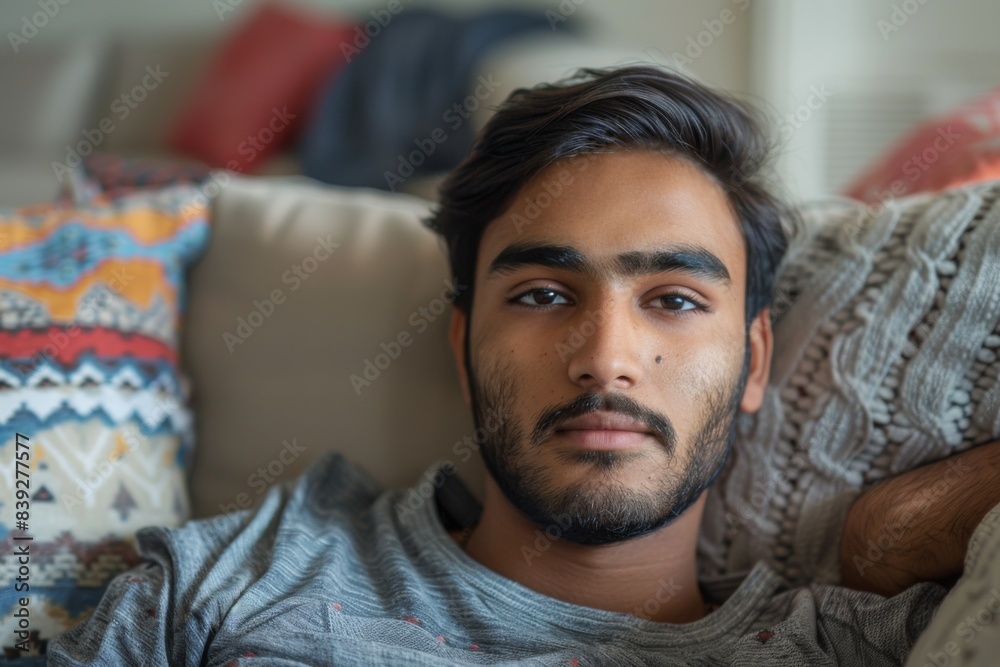 Obraz premium Man on sofa holding remote