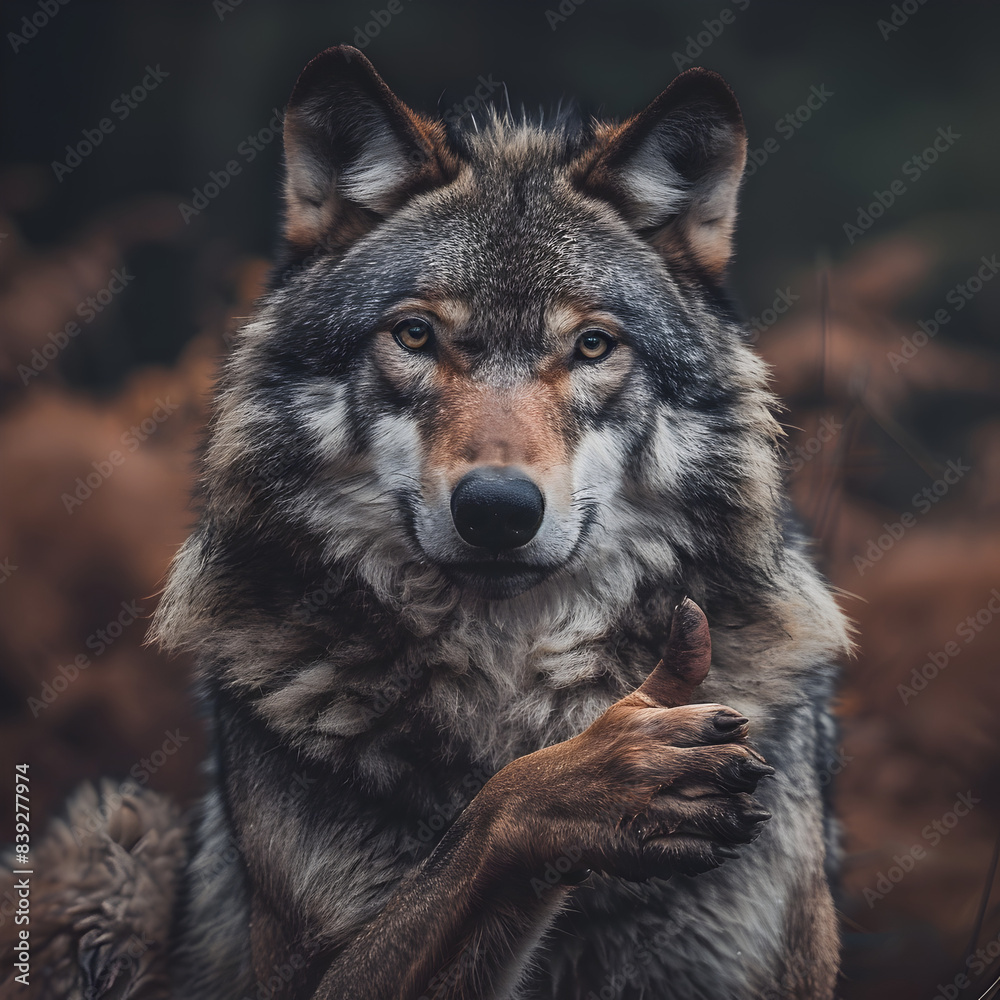 Fototapeta premium A wolf making a thumbs up gesture with its paw