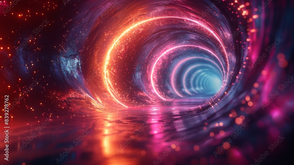 Spiraling neon lights and spotlights in an abstract backdrop.