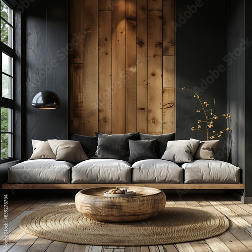 interior of a room with a sofa; Rustic living room with wood on wall and floor, wooden coffee table and bright sitting place with pillows; classy, full of sunlight space for relax with black wall;  photo