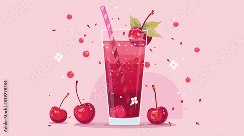 Glass with cherry lemonade on a pink background.