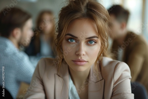 Blonde woman, blue eyes, group sitting