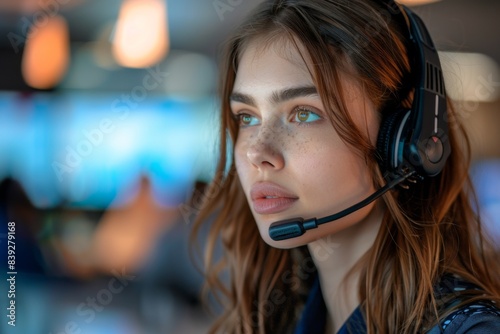 Female with headset wearing a microphone headset © Sandu