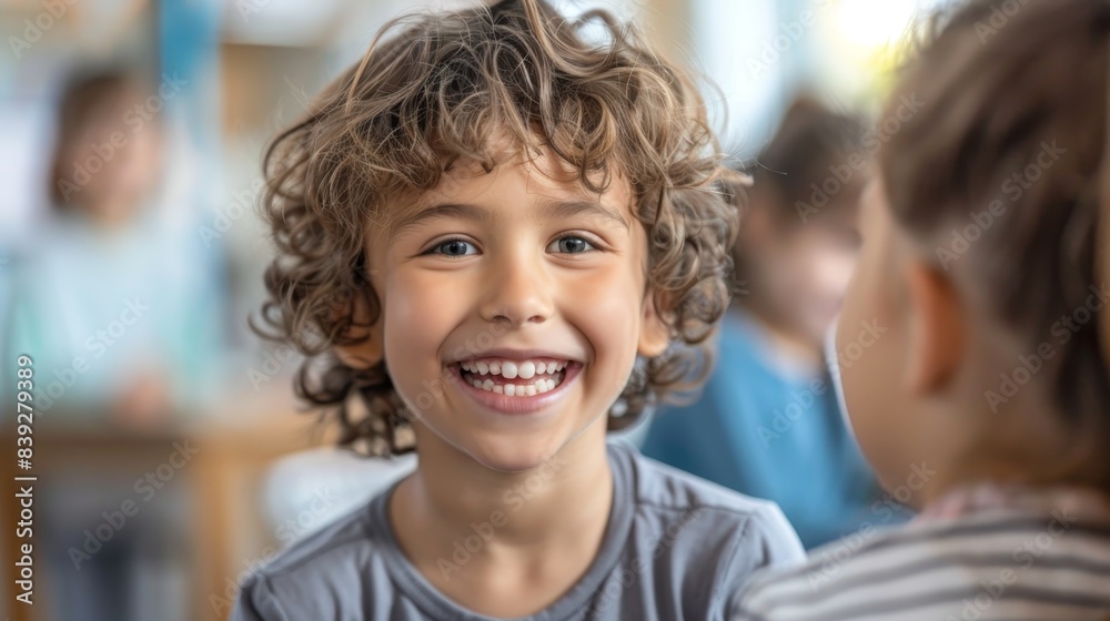 A child smiling brightly as they receive a gold star from the teacher. A child smiling brightly as they receive a gold star from the teacher.