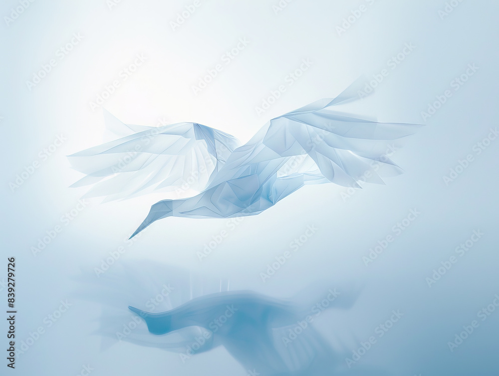 Elegant white origami bird in flight against a minimalist, light blue background with a soft reflection below Elegant white origami bird in flight against a minimalist, light blue background with a soft reflection below