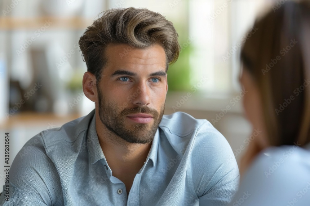 Obraz premium Man in blue shirt gazes at woman in blue shirt