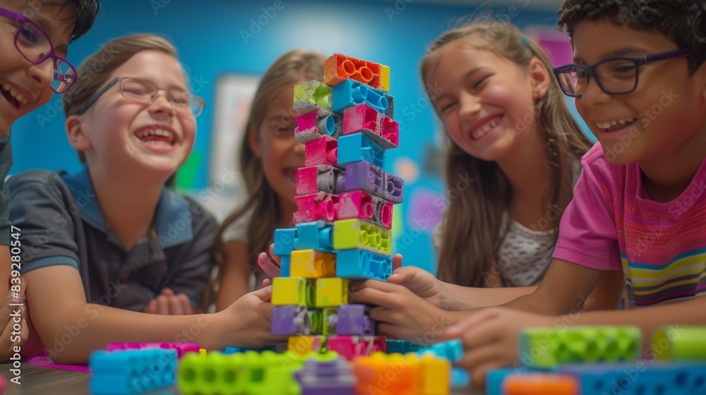 A group of kids working together to build a tower out of colorful blocks, laughing as it topples over. A group of kids working together to build a tower out of colorful blocks, laughing as it topples over.