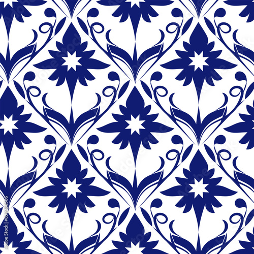 Seamless pattern with blue oriental elements on white background