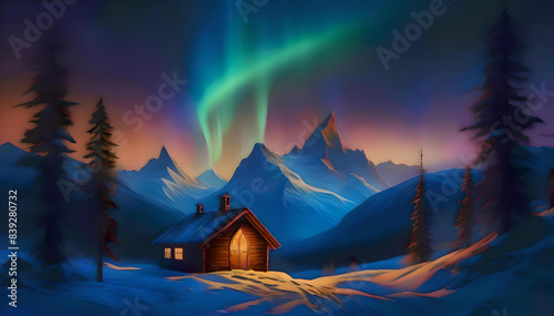 Northern lights,  aurora, dark orange, ultramarine blue, with big mountains in front and black trees in the front, Aurora photo