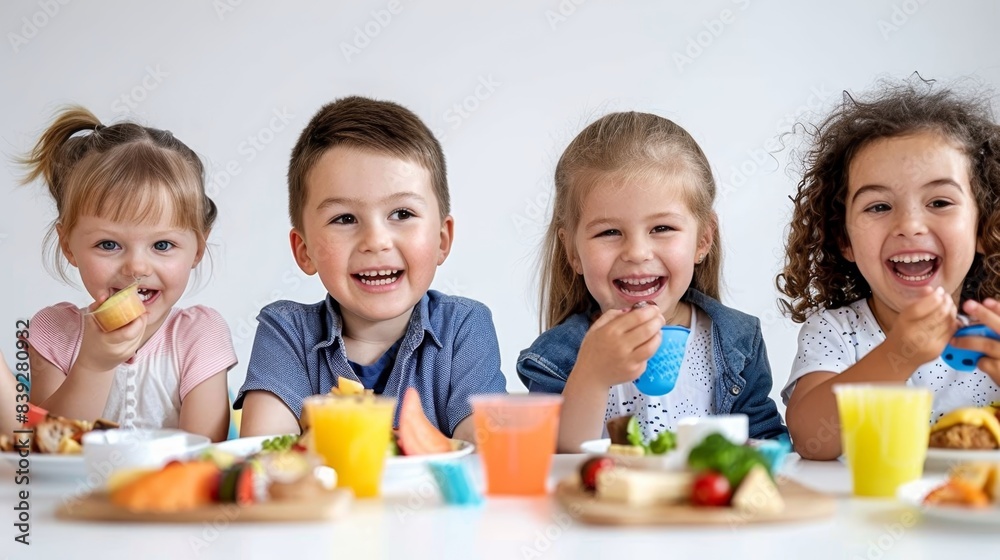Kids sitting together at lunchtime, chatting and sharing jokes as they eat.
