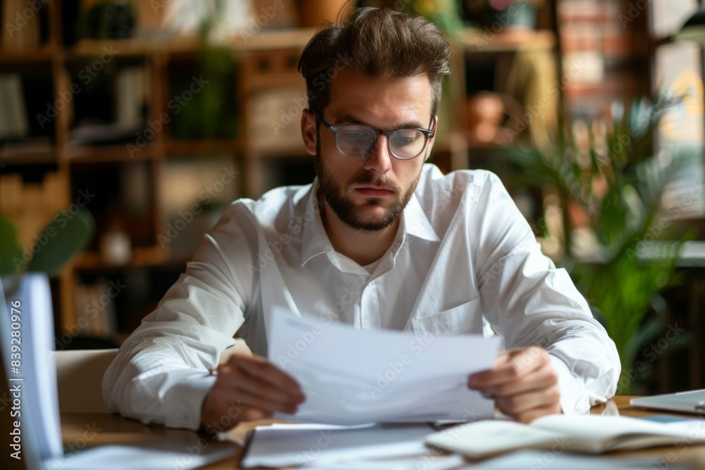 Man working laptop papers table Man working laptop papers table