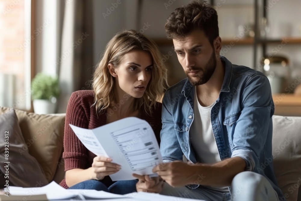 Pair on sofa examining documents Pair on sofa examining documents