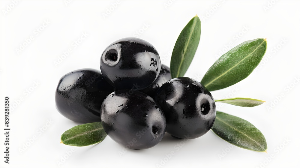Fresh black olives with green leaves on a white background. Close-up and high-resolution image. Perfect for culinary and healthy eating concepts. AI Fresh black olives with green leaves on a white background. Close-up and high-resolution image. Perfect for culinary and healthy eating concepts. AI